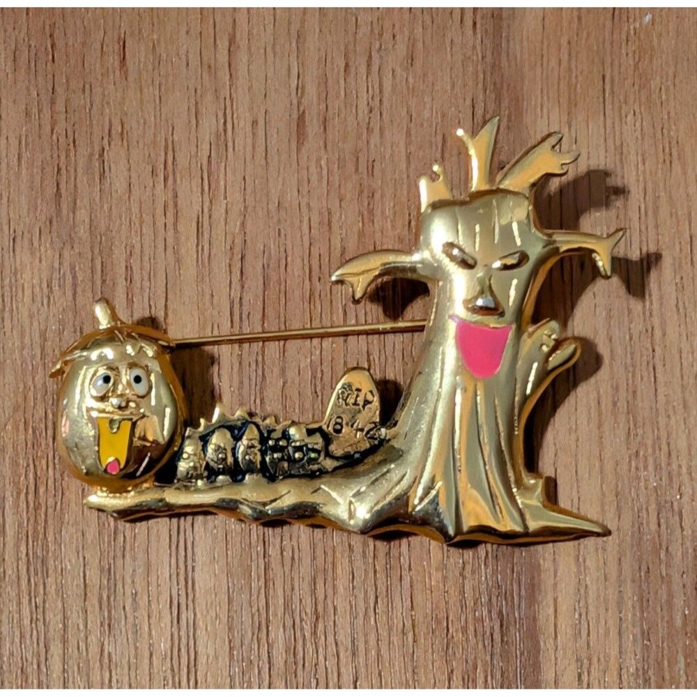 Vintage Halloween Spooky Tree Brooch Pumpkin Tombstone Gold Enamel Pin